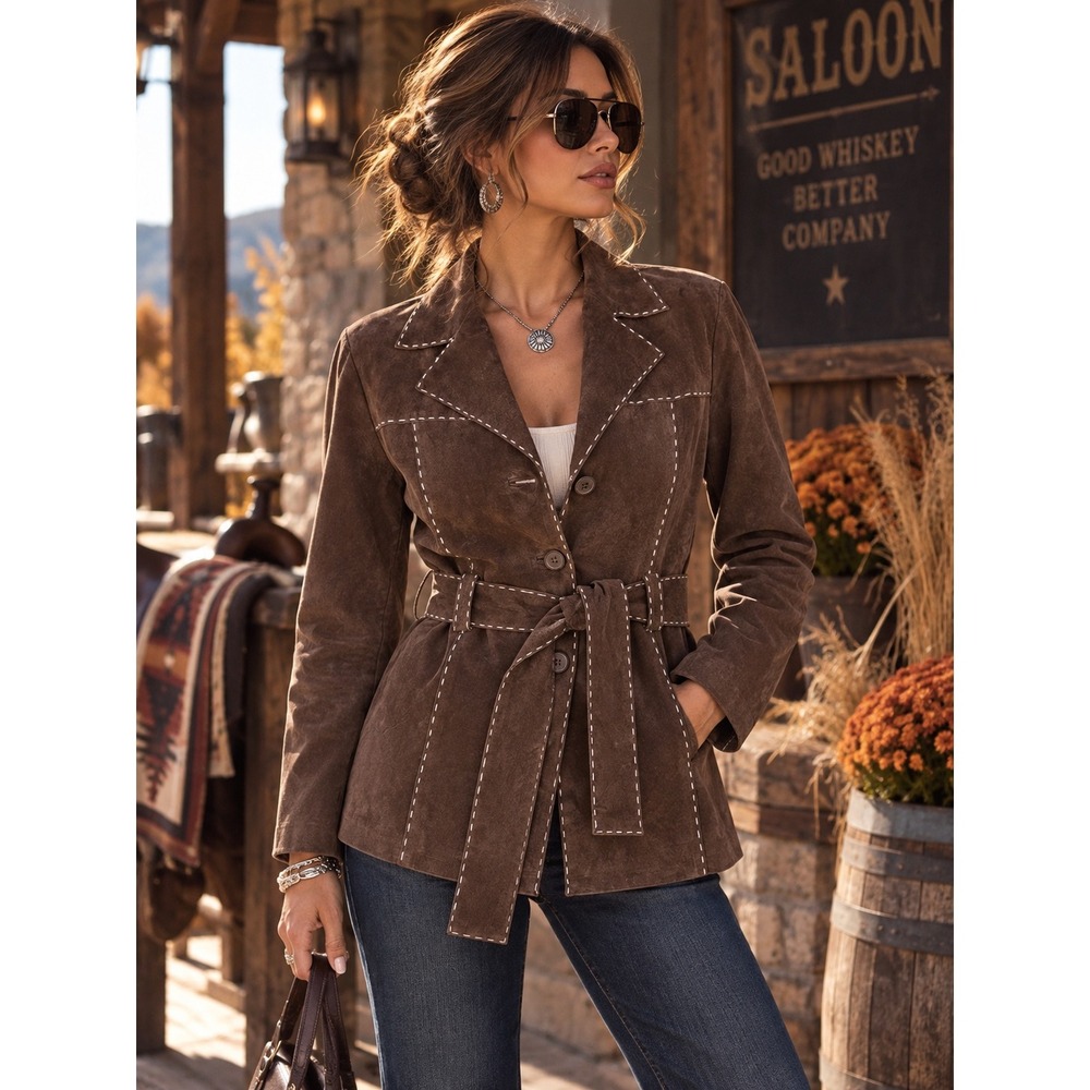 OutBrook Brown Suede Leather Jacket S Belted Y2K Western Contrast Stitch